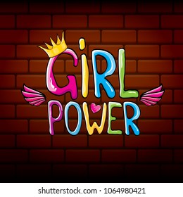 vector girl power label or sticker with calligraphic text on red brick wall background. woman feminism concept illustration or poster with slogan.