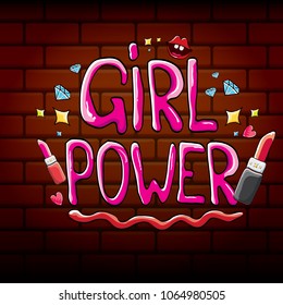 vector girl power label or sticker with calligraphic text on red brick wall background. woman feminism concept illustration or poster with slogan.