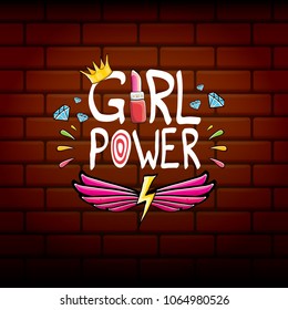 vector girl power label or sticker with calligraphic text on red brick wall background. woman feminism concept illustration or poster with slogan.