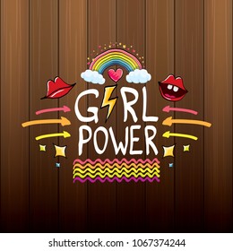 vector girl power label or sticker with calligraphic text on vintage wooden board background. woman feminism concept illustration or poster with slogan.