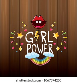 vector girl power label or sticker with calligraphic text on vintage wooden board background. woman feminism concept illustration or poster with slogan.