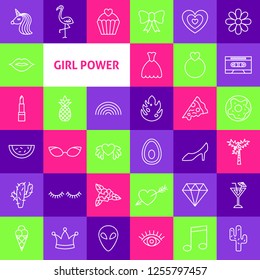 Vector Girl Power Line Icons. Thin Outline Fashion Symbols over Colorful Squares.