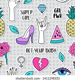 Vector girl power seamless pattern with fashion patch badges icon. Feminist movement - abstract background for prints, t-shirts, cards