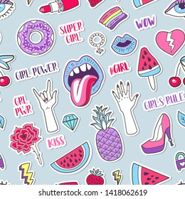 Vector Girl Power Seamless Pattern With Fashion Patch Badges Icon. Feminist Movement - Abstract Background For Prints, T-shirts, Cards