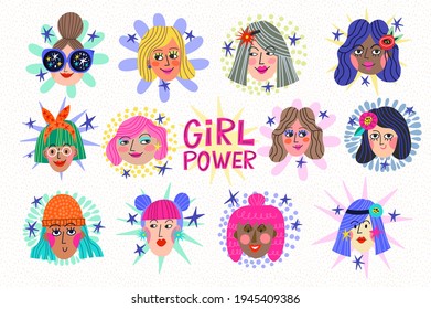 Vector Girl Power Set of Diversity Women' faces. 