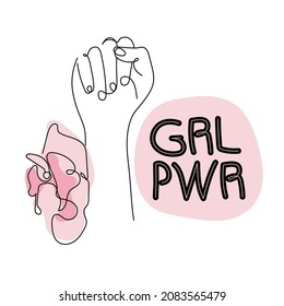 Símbolo vectorial de poder femenino con puño hembra y letras de feminismo GRL PWR