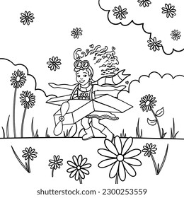 VECTOR OF GIRL PRETENDING TO FLY THROUGH MEADOWS IN PLANE COSTUME