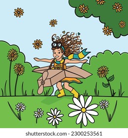 VECTOR OF GIRL PRETENDING TO FLY THROUGH MEADOWS IN PLANE COSTUME