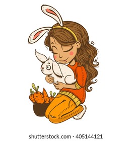 vector girl with rabbit