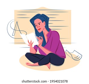 Vector girl reading a book in shadow of sharp lines style