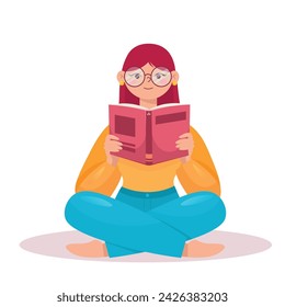 Vector la chica está leyendo un libro una mujer está sentada con un libro en sus manos. Vector la niña está sentada en la posición de loto y leyendo un libro