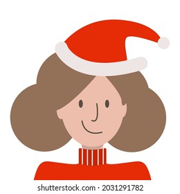 Vector girl in a red Christmas hat and a red sweater on a white background close-up