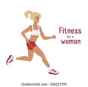 Vector girl in red goes jogging . Flat, cartoon style woman runs, working out her cardio muscle. fitness, active lifestyle illustration. Print banner poster design element