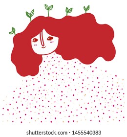 vector girl red hair, plants on her head, love earth