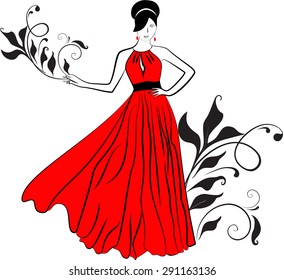 Vector girl with red long dress