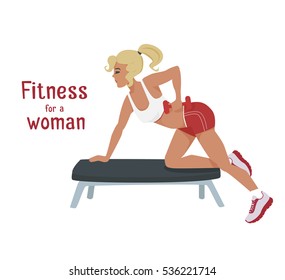 Vector girl in red makes exercises with dumbbells on bench. Flat, cartoon style woman does sports, working out her shoulder muscles. fitness, active lifestyle illustration. Print banner design element