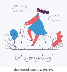 Vector girl riding a bicycle in the flat style. Cycling concept people illustration in vector.