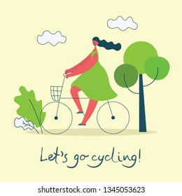 Vector girl riding a bicycle in the flat style. Cycling concept people illustration in vector.