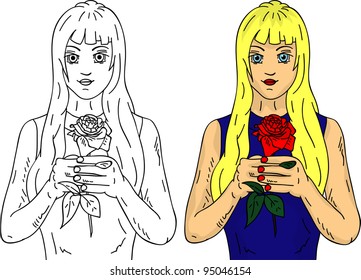 vector - niña con rosa aislada en fondo blanco