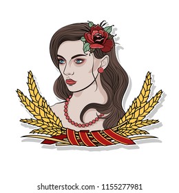 Vector Girl with Rose and Spikes Composition. Tattoo Design Sticker