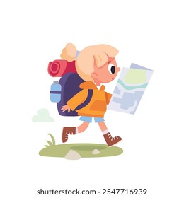 Vector girl scout young tourist traveling kid walking with travel bag backpacks and map, walking by route on vacation trip. Traveler collection. Hiker traveler  Tourism concept.