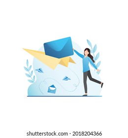 Vector girl sends, receives large letter, sms in envelope on paper airplane. Communication by postal correspondence. Woman with new message.