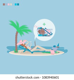 Vector girl shopping through internet.