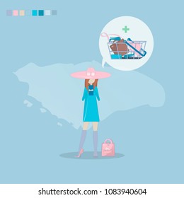 Vector girl shopping through internet.