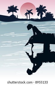 vector girl silhouette behind the river