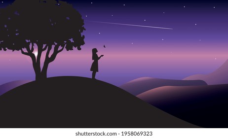Vector, The Girl Silhouette with Butterfly.