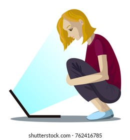Vector girl sits on the floor and looking at notebook