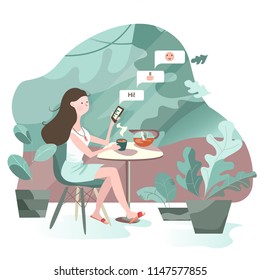 vector. the girl is sitting in a cafe. communicates in a social network. green background. houseplants in pots. table and chair, tea in a teapot. simple flat style. 