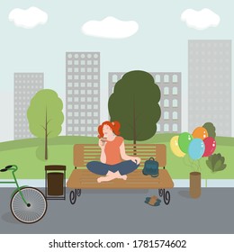 Vector girl sitting on the bench and drinking coffee in a city park. Rest in the park, outdoors relaxation. Summer vacation in the park vector illustration for design.
