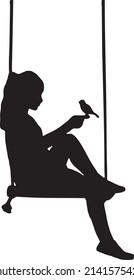 vector of a girl sitting on a swing and in her hand a bird