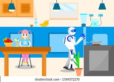 Vector girl sitting on a table in the kitchen with a robot cooking. Illustration Coexistence between humans and robots. Lifestyle future human and robot. 
