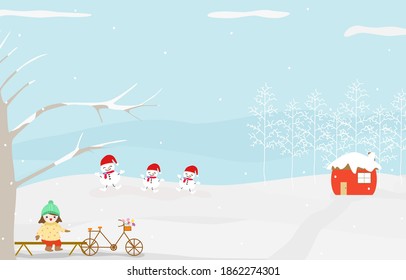 Vector - Girl sitting rest at wood chair on natural background with her bicycle. Snowman dancing on snow floor. Holiday season. Happy new year and Merry Christmas. Copy space.