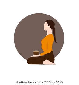 Vector girl sitting in yoga pose virasana hero pose with coffee. Flat meditating woman on dark background for printing