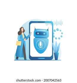 Vector girl with smartphone talks to smart, virtual, voice assistant robot with microphone on Internet. App with speech recognition for controlling mobile phone, executing commands. Sound wave.