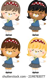 a vector of a girl smelling a flower