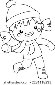 a vector of a girl with a snowball in black and white coloring