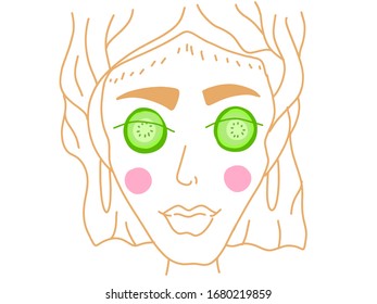 Vector girl spa with cucumbers on eyes. Flat illustration of girl spa isolated on white background. Towel on washed hair. Big lips linear template for beauty salon.