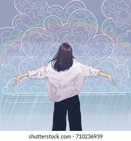 vector girl spread her arms towards the rainy clouds in the sky and rainbow, the view from the back