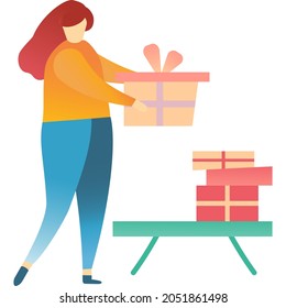 Vector girl stacking gift box. Christmas icon. Woman and pile of birthday present pack in wrapping. Happy holiday design
