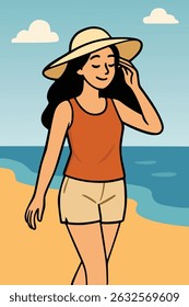 vector of a girl standing on the beach
