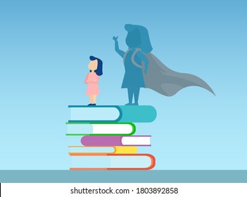 Vector de una chica parada en un montón de libros con una sombra superheroína de sí misma