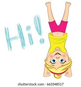 Vector Girl Standing Upside Down. Kid Headstand