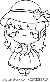 a vector of a girl with strawberry in black and white coloring