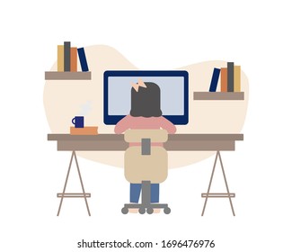 Vector of the girl study online at home or The women work at home