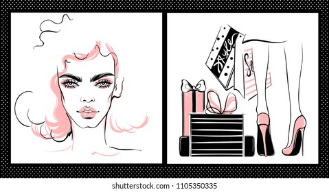 Vector girl. Stylish woman face. High heels surrounded by shopping bags. Fashion illustration.Female legs in shoes. Trendy Design for sale,discount, advertising, store. Women with packages.