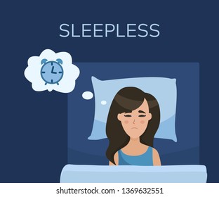 Vector girl suffers from insomnia and sleepless. Worry woman lying in bed and thinking about clock. Female melatonin illustration